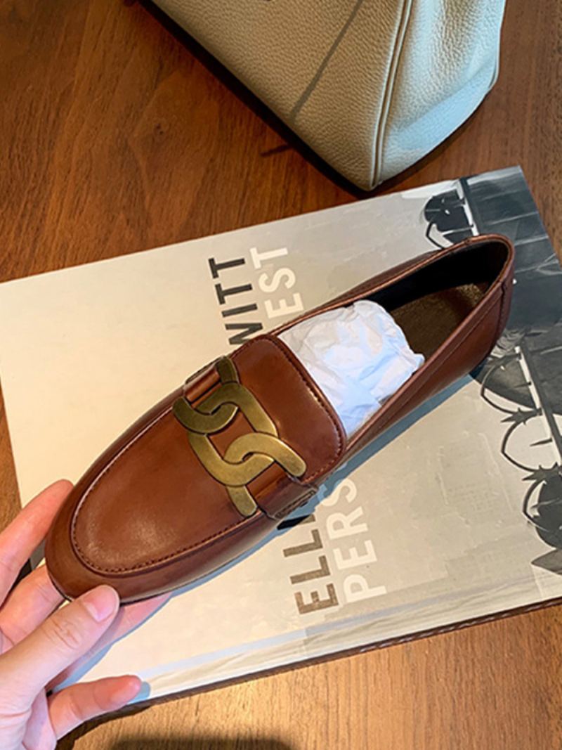 Dame Slip On Loafers Hvite Runde Flate Sko - Kaffe Brun