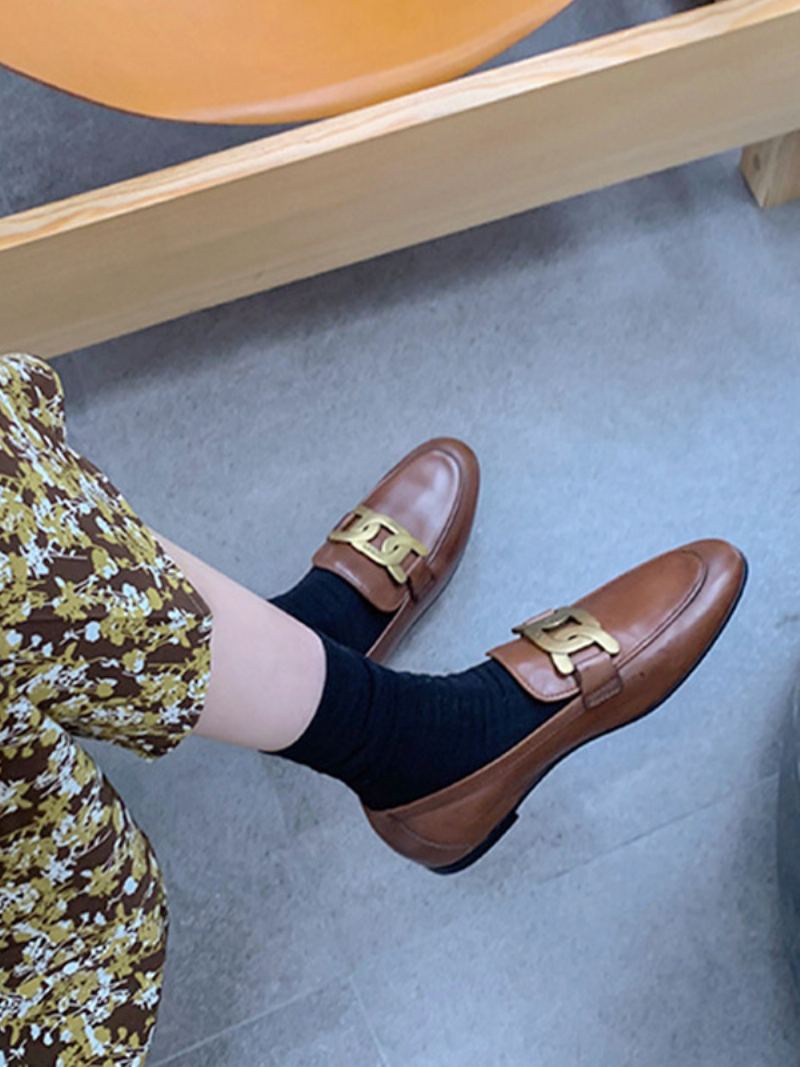 Dame Slip On Loafers Hvite Runde Flate Sko - Kaffe Brun