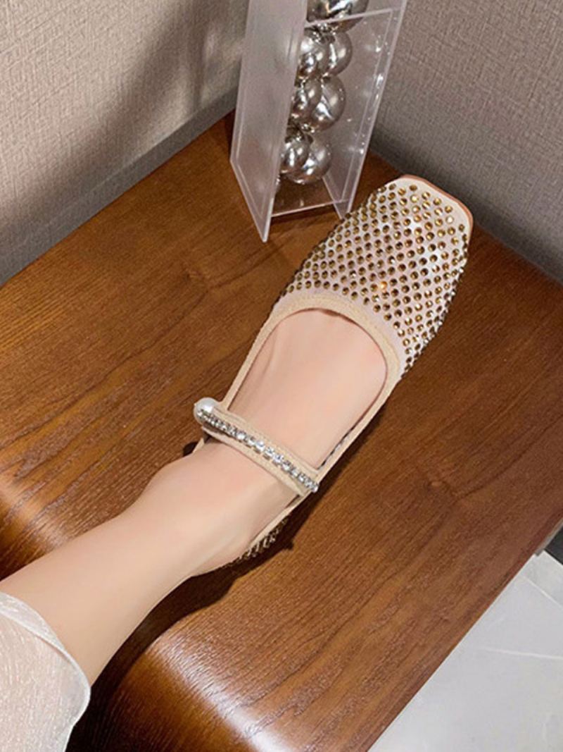 Dameballsko Rhinestones Square Toe Mary Jane Ballet Flats - Gull