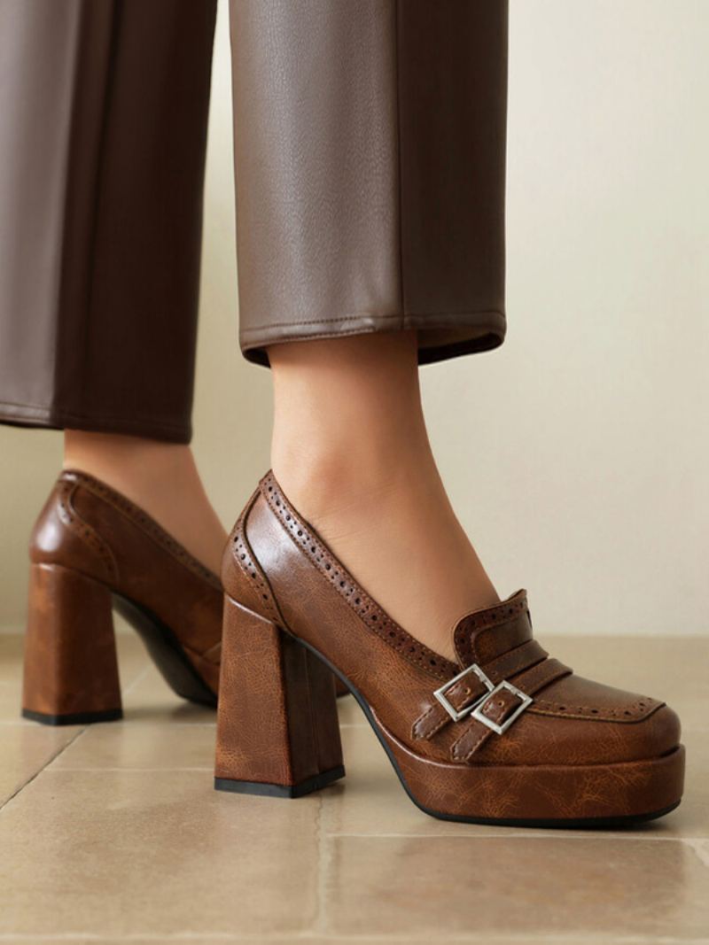 Damespenne Chunky Heel Loafers Pu-skinn - Kaffe Brun