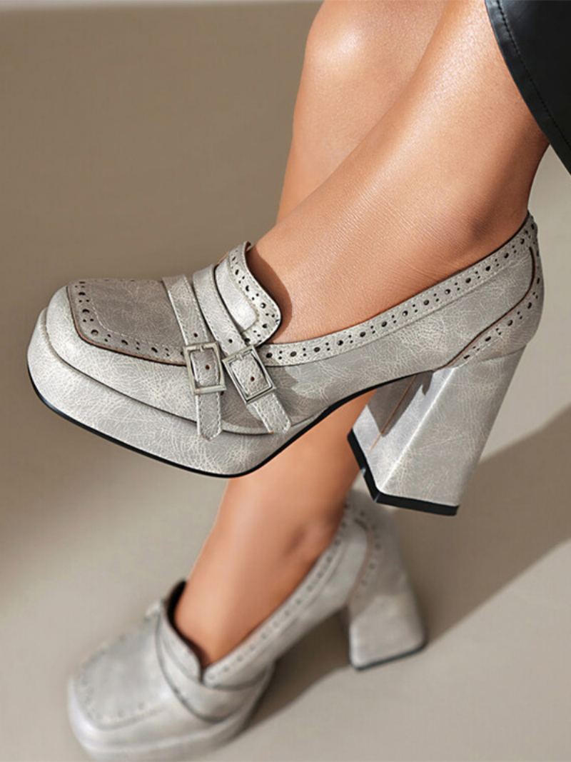 Damespenne Chunky Heel Loafers Pu-skinn - Lysgrå