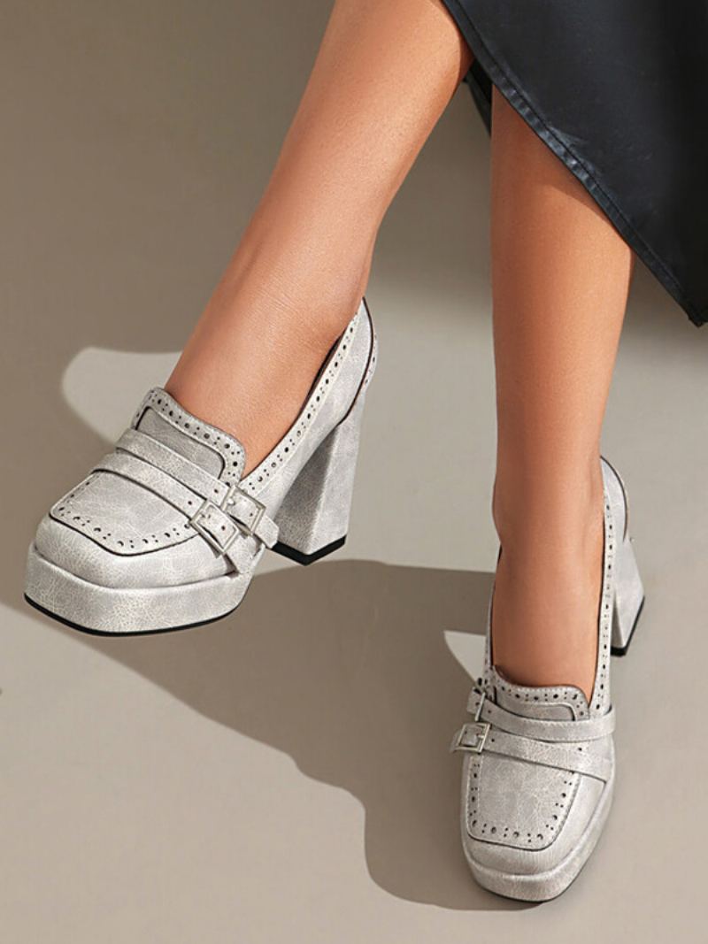 Damespenne Chunky Heel Loafers Pu-skinn - Lysgrå