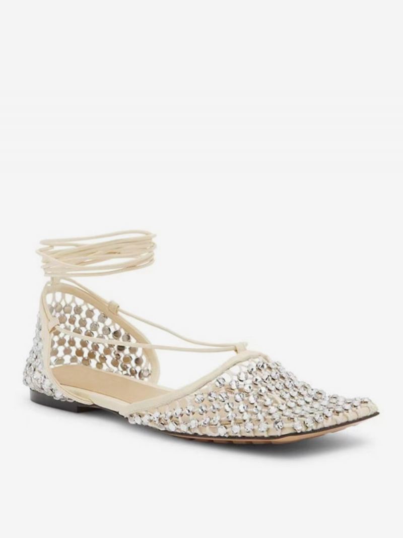 Flate Sandaler For Kvinner Rhinestones Snøring Party Ball Sko - Hvit