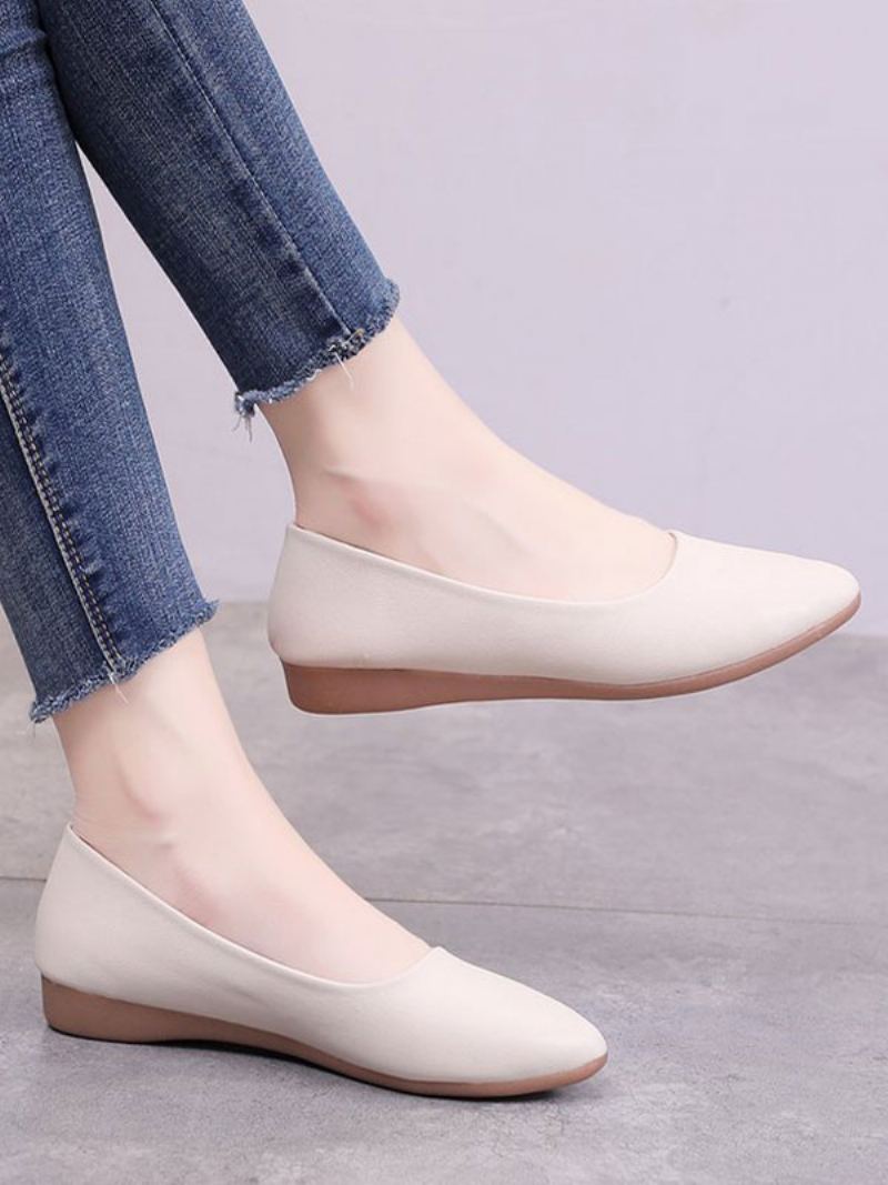 Hvite Flate Sko For Kvinner Med Spisse Tå Slip-on Pu Skinn Ballerina Flats - Beige