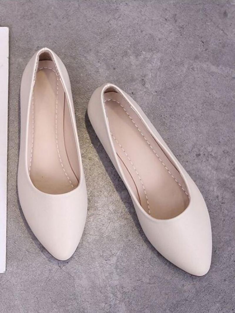 Hvite Flate Sko For Kvinner Med Spisse Tå Slip-on Pu Skinn Ballerina Flats - Beige