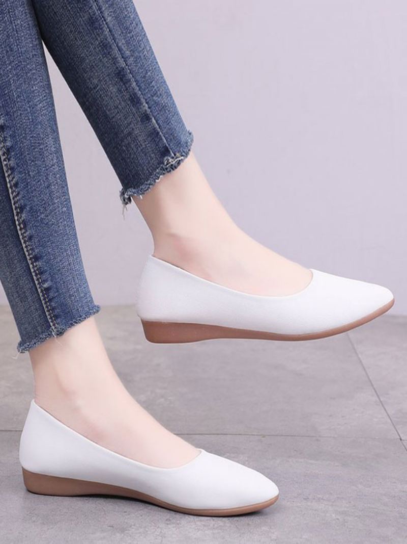 Hvite Flate Sko For Kvinner Med Spisse Tå Slip-on Pu Skinn Ballerina Flats - Hvit