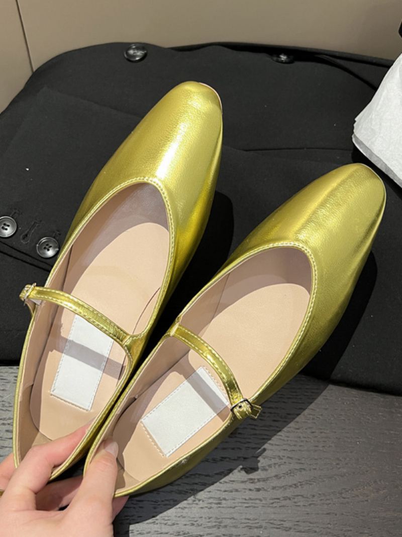 Kvinne Sorte Flate Sko Svart Rund Tå Mary Jane Ballet Flats - Gull