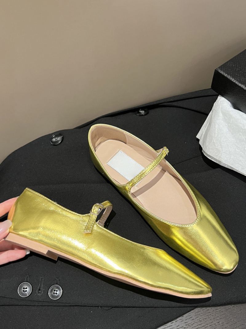 Kvinne Sorte Flate Sko Svart Rund Tå Mary Jane Ballet Flats - Gull