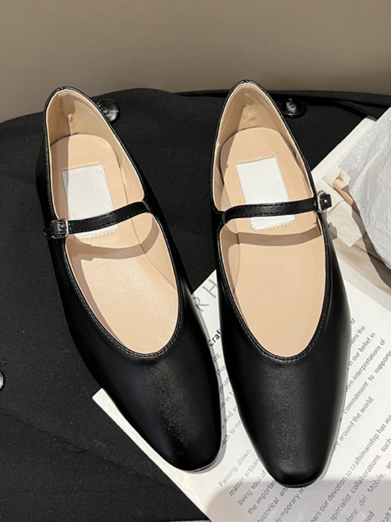 Kvinne Sorte Flate Sko Svart Rund Tå Mary Jane Ballet Flats - Sort