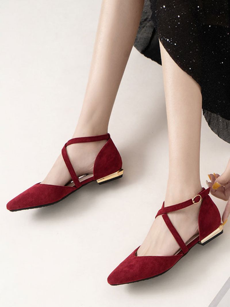 Kvinner Flate Sko Burgundy Spiss Tå Criss-cross Ankelstropp Ballerina Flats - Burgunder