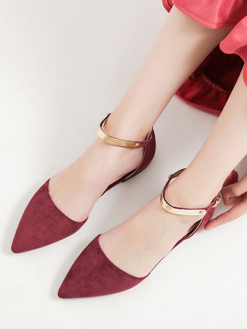 Kvinner Flate Sko Burgundy Spiss Tå Lukket-rygg Metalldetaljer Ankel Stropp Ballerina Flats