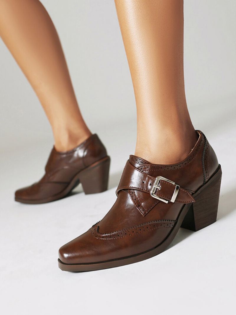 Kvinner Square Toe Chunky Heel Pu Lær Oxfords - Kaffe Brun