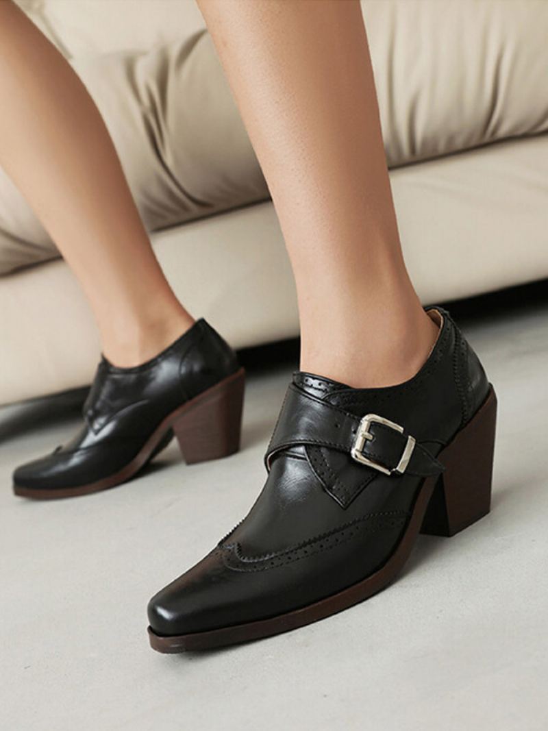 Kvinner Square Toe Chunky Heel Pu Lær Oxfords - Sort