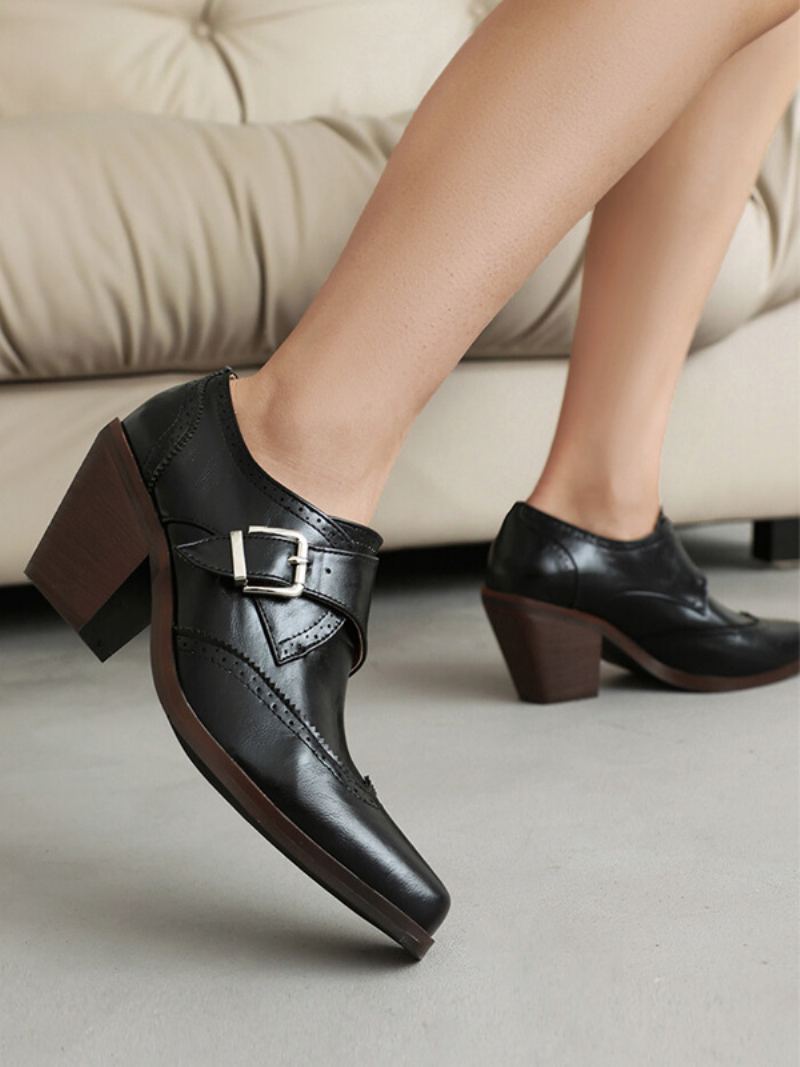 Kvinner Square Toe Chunky Heel Pu Lær Oxfords - Sort