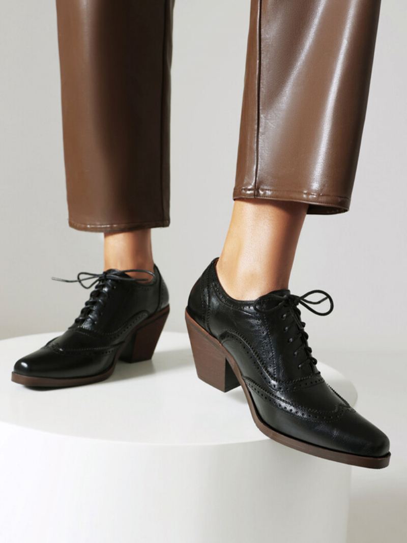 Kvinner Square Toe Chunky Heel Pu Lær Oxfords - Sort