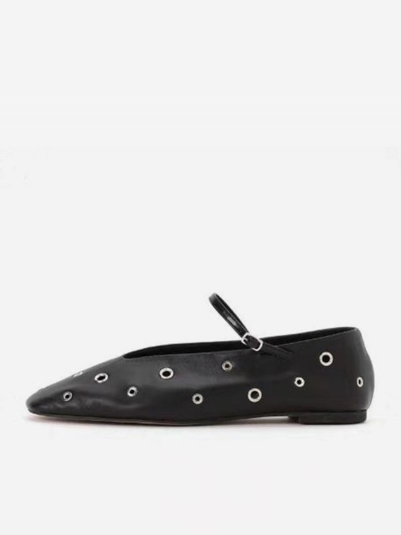 Kvinners Ballett Flats Black Runde Toe Cut Out Spenne Strap Flat Sko - Sort