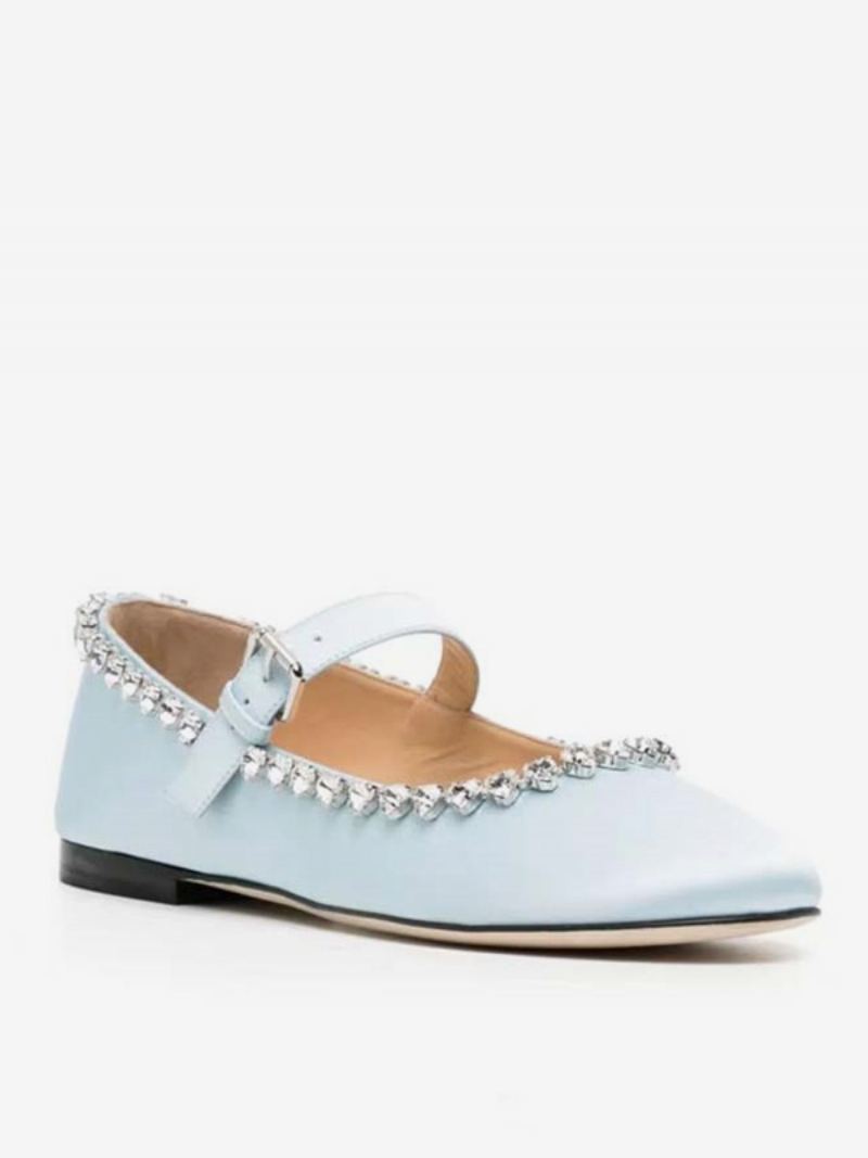 Kvinners Ballett Flats Satin Rhinestones Rund Toe Mary Jane Flat Sko - Babyblå