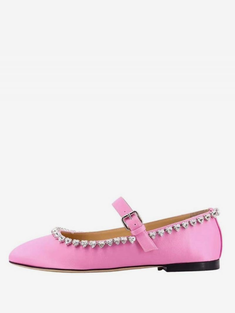 Kvinners Ballett Flats Satin Rhinestones Rund Toe Mary Jane Flat Sko - Magenta