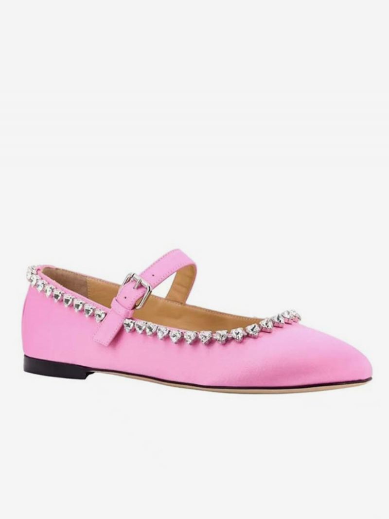 Kvinners Ballett Flats Satin Rhinestones Rund Toe Mary Jane Flat Sko - Magenta