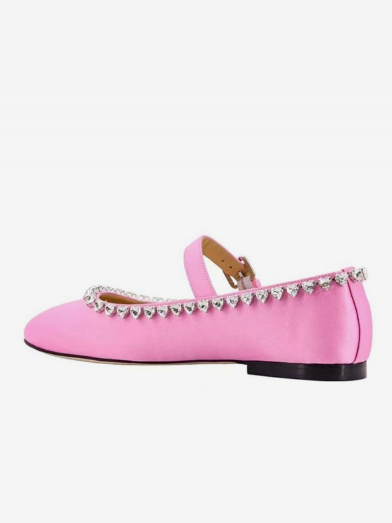 Kvinners Ballett Flats Satin Rhinestones Rund Toe Mary Jane Flat Sko - Magenta