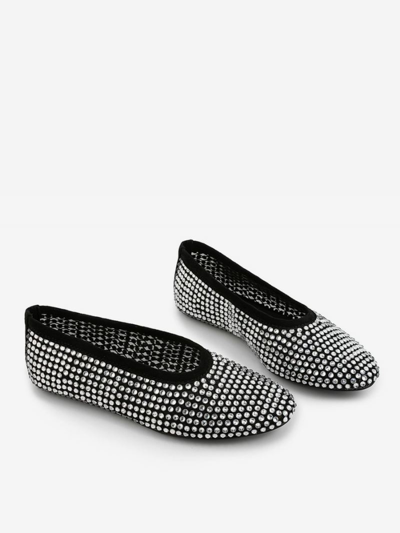 Kvinners Ballett Flats Spiss Toe Rhinestones Slip On Flat Pumps - Svart