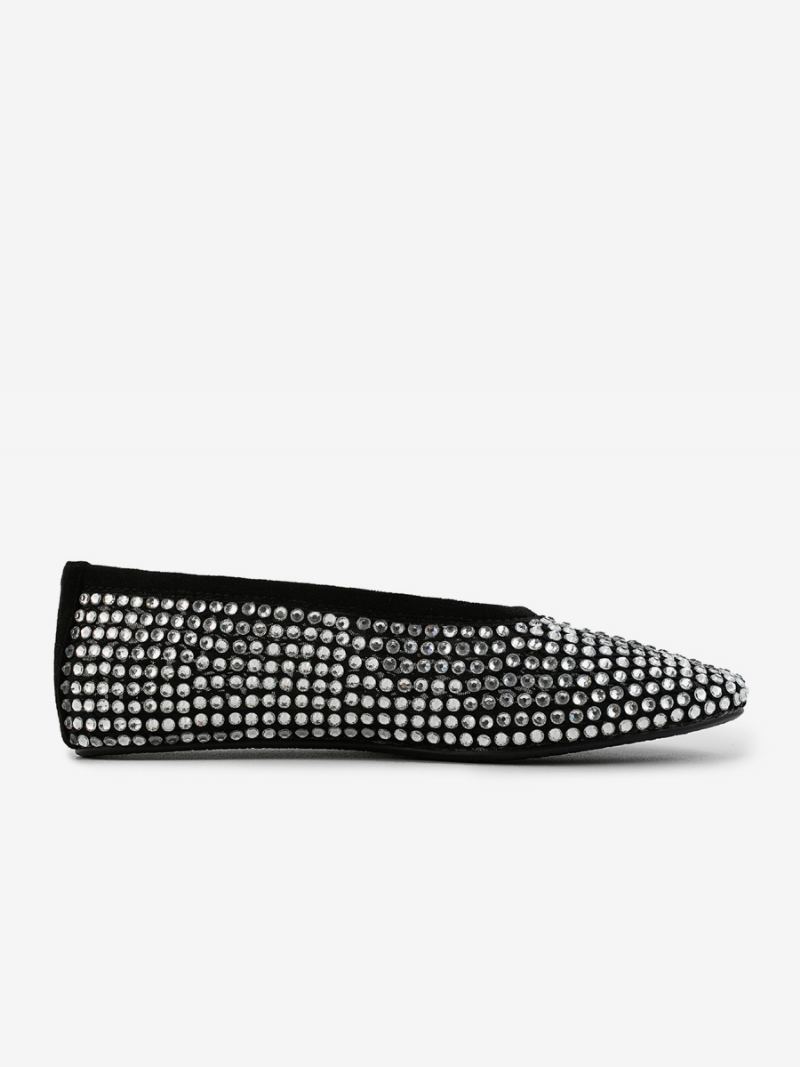 Kvinners Ballett Flats Spiss Toe Rhinestones Slip On Flat Pumps - Svart