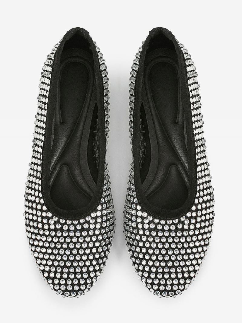 Kvinners Ballett Flats Spiss Toe Rhinestones Slip On Flat Pumps - Svart