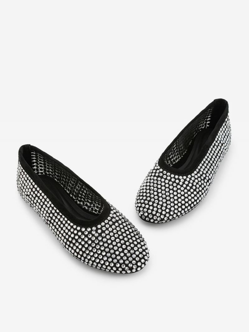 Kvinners Ballett Flats Spiss Toe Rhinestones Slip On Flat Pumps - Svart