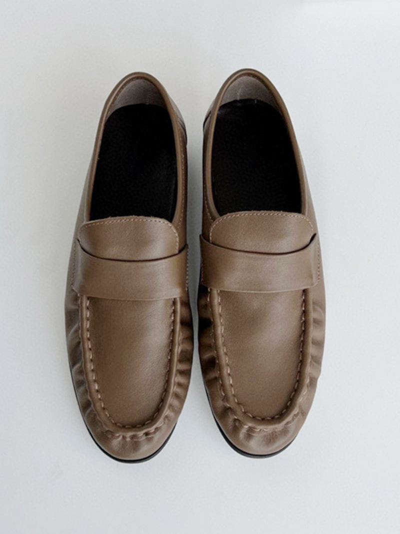 Kvinners Hvite Penny Loafers Rund Toe Slip On Flat Sko - Kaffe Brun