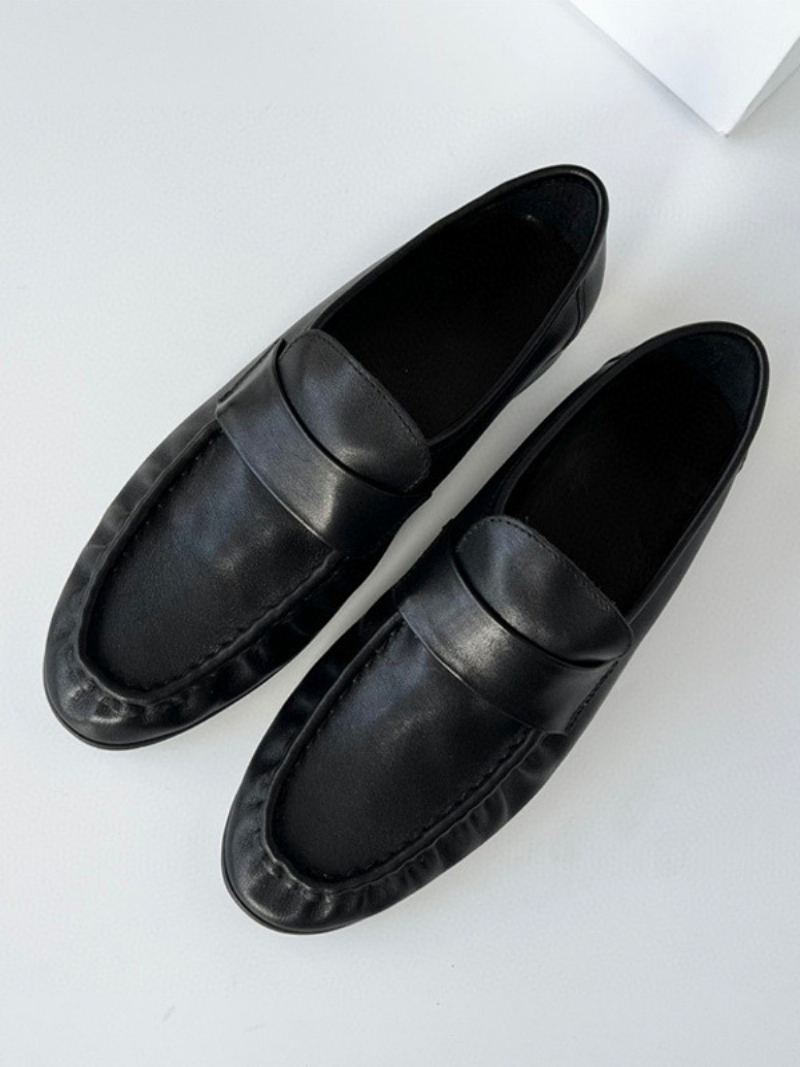 Kvinners Hvite Penny Loafers Rund Toe Slip On Flat Sko - Sort