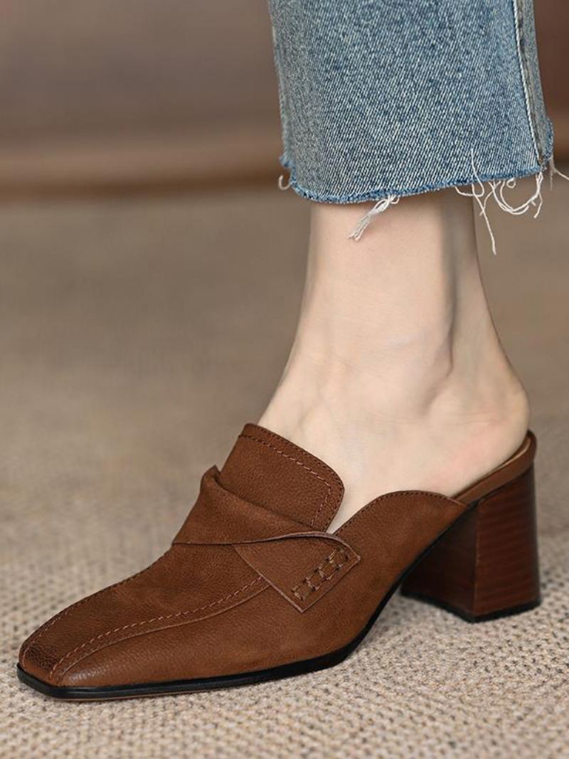 Kvinners Mule Loafers Chunky Heel Square Toe Backless Mules - Kaffe Brun