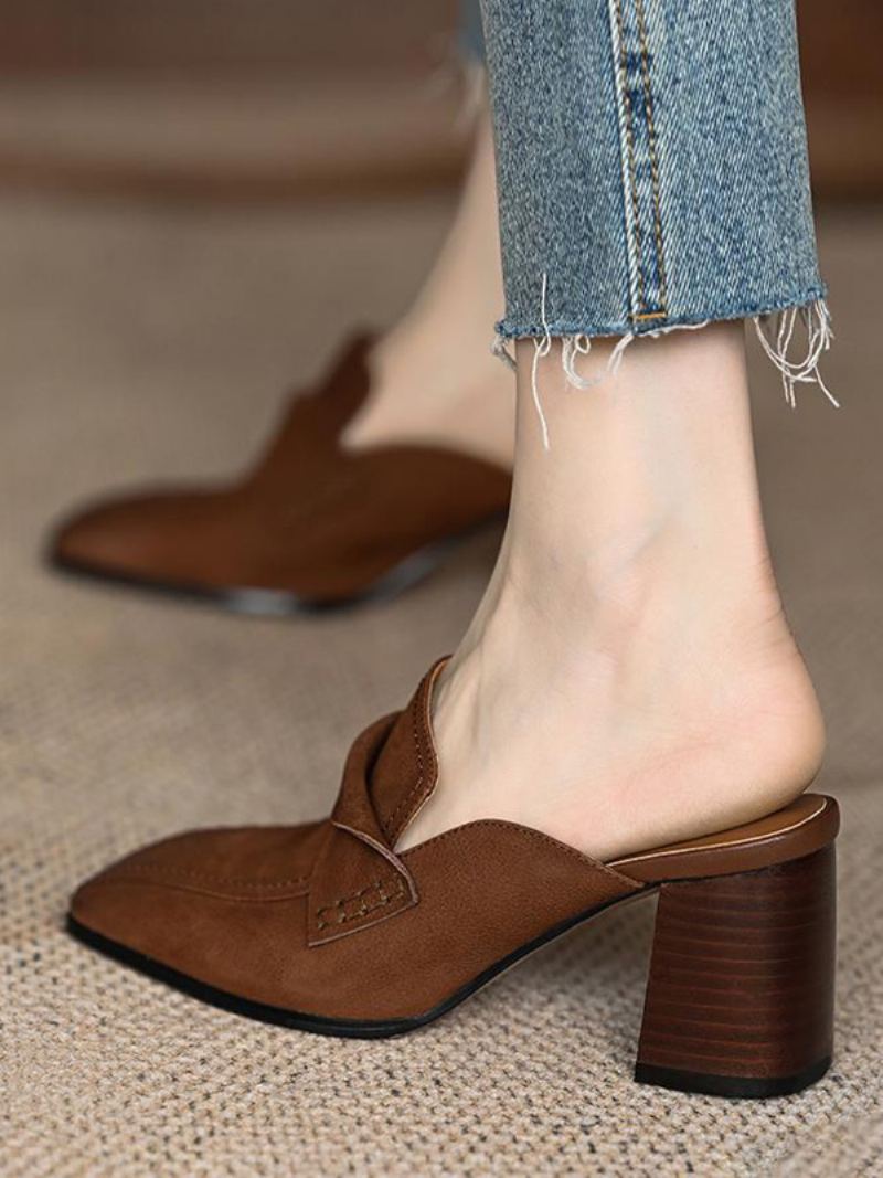 Kvinners Mule Loafers Chunky Heel Square Toe Backless Mules - Kaffe Brun