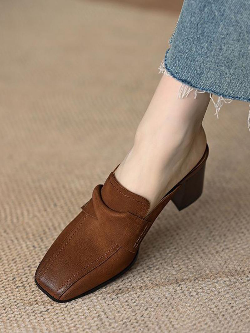 Kvinners Mule Loafers Chunky Heel Square Toe Backless Mules - Kaffe Brun