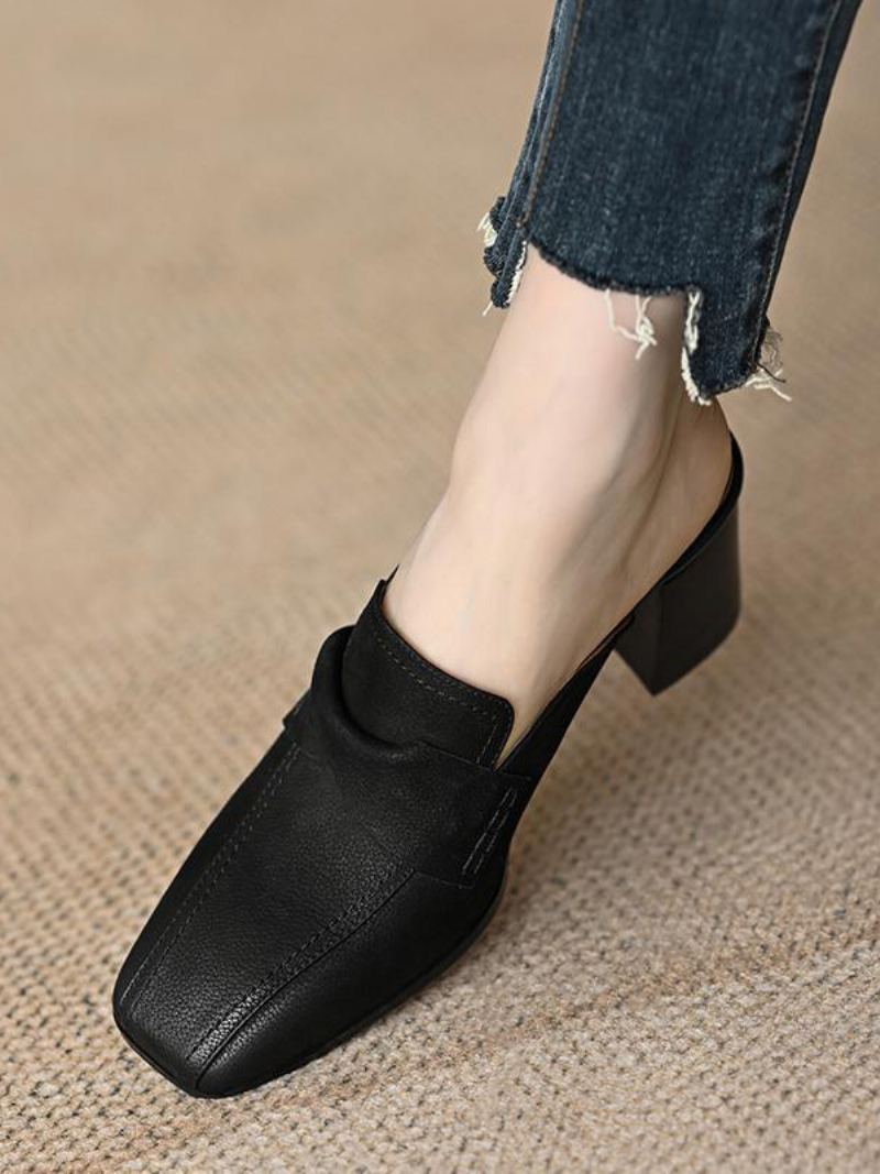 Kvinners Mule Loafers Chunky Heel Square Toe Backless Mules - Sort