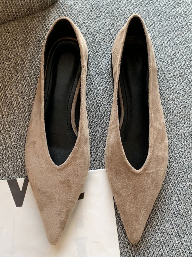 Kvinners Spisse Tå Flats Semsket Slip On Ballett Flate Sko For Kvinner - Khaki