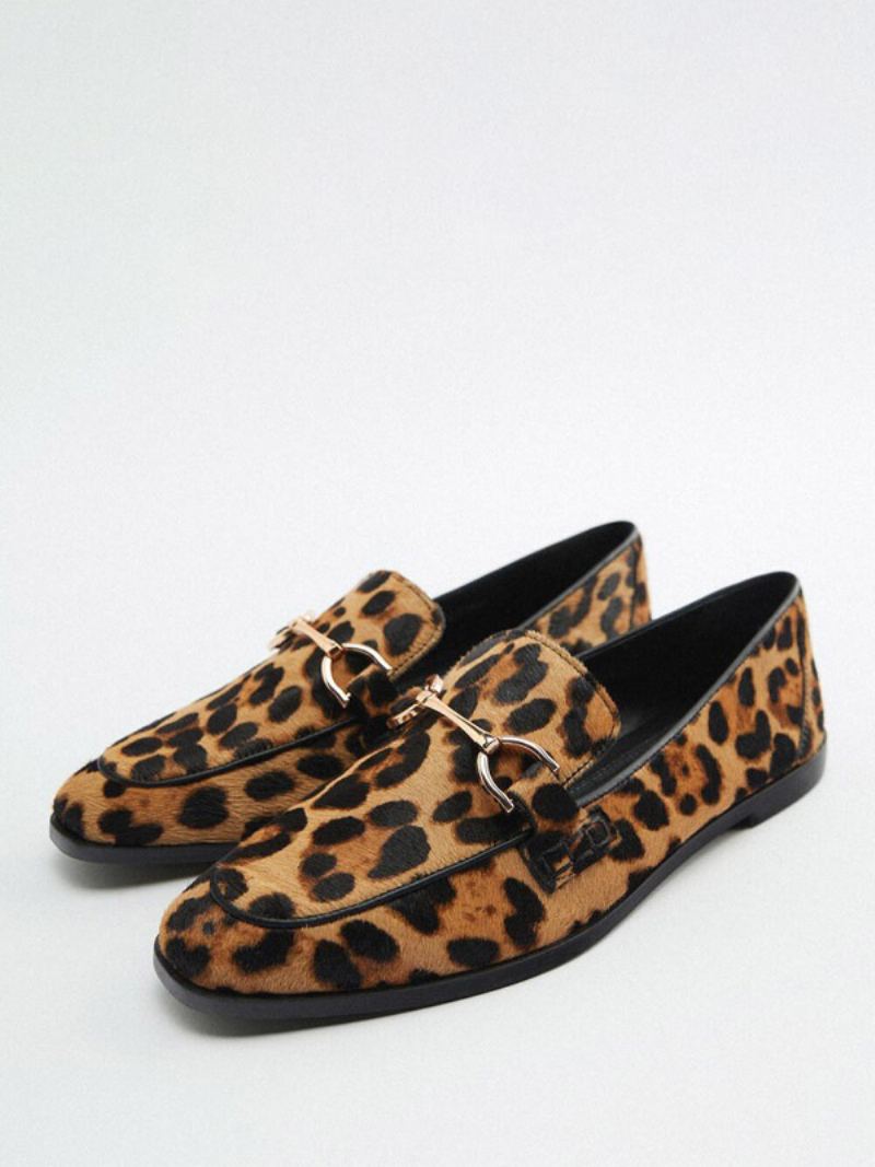 Metalldetaljer For Kvinner Leopardprint Loafers Flatt Hestehår