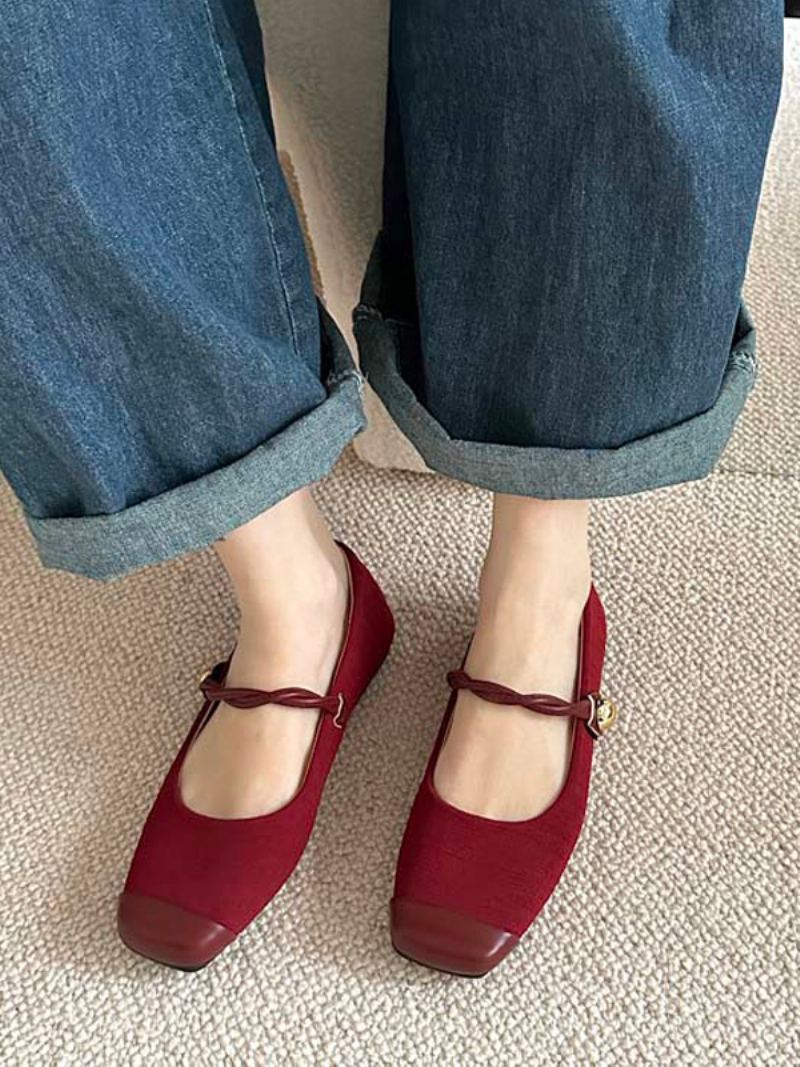 Red Ballet Flats Dame Square Toe Vintage Flate Sko