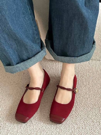 Red Ballet Flats Dame Square Toe Vintage Flate Sko