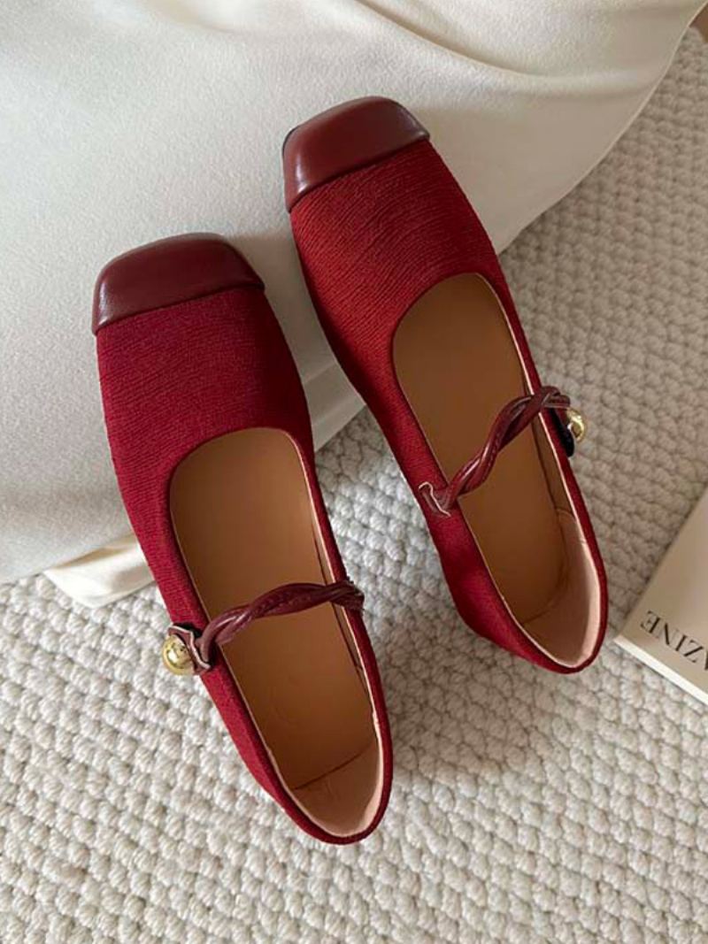 Red Ballet Flats Dame Square Toe Vintage Flate Sko - Burgunder