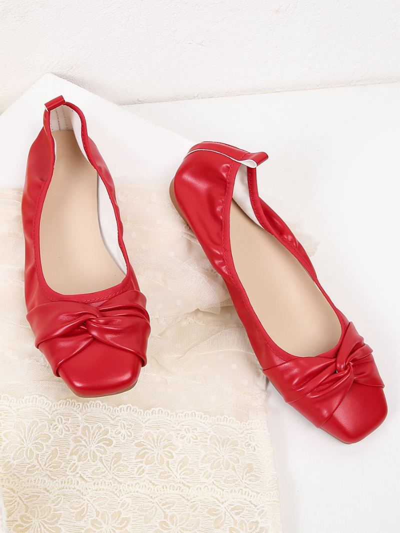 Red Ballet Flats Kvinner Buer Square Toe Knotted Slip-on Sko - Rød