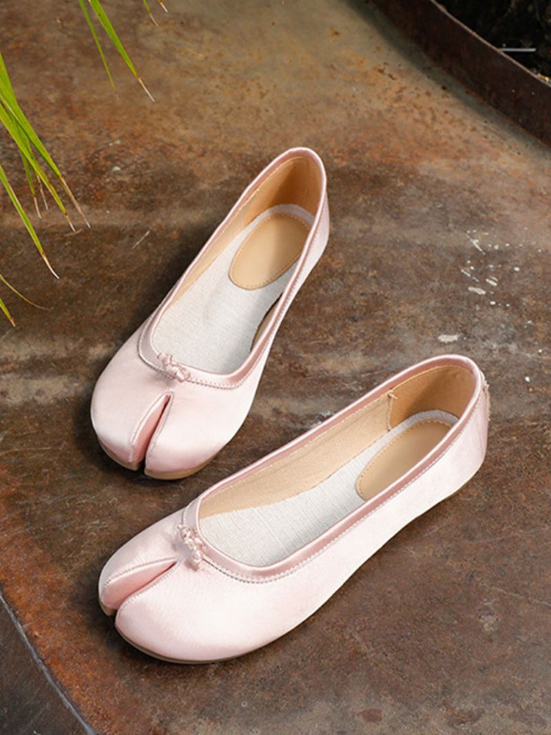 Rosa Ballerina Flats For Kvinner Delt Front Rund Toe Satin Ballet