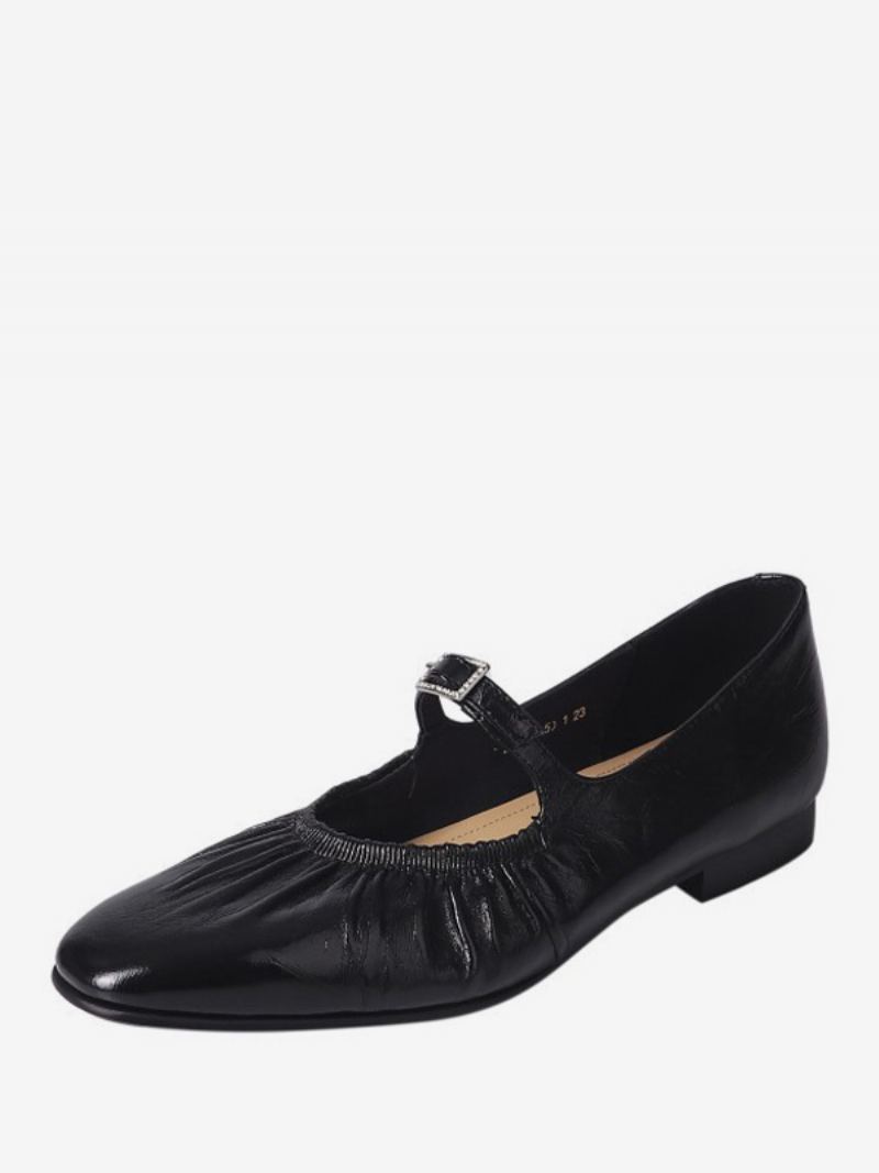 Sølv Ballerina Flats Dame Spenne Detalj Rund Toe Ballett Flat Sko - Svart