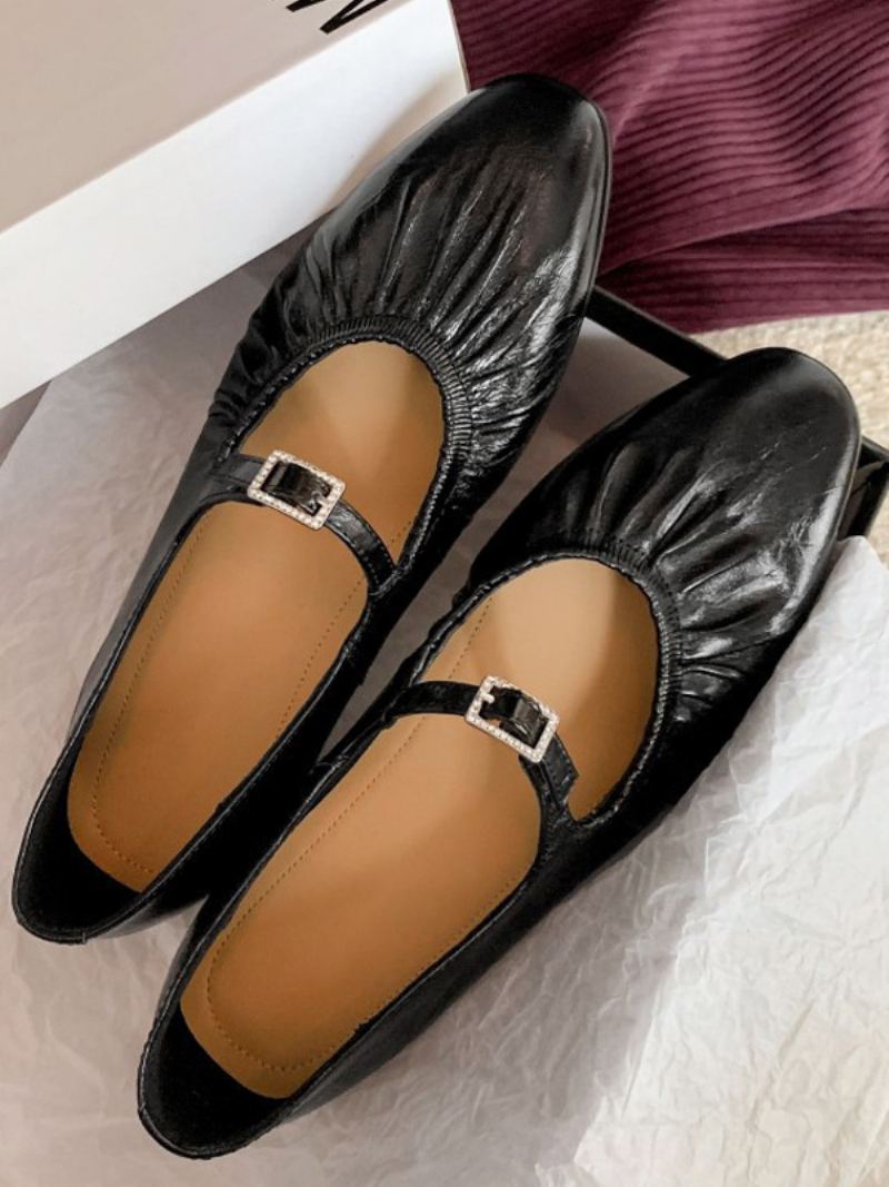 Sølv Ballerina Flats Dame Spenne Detalj Rund Toe Ballett Flat Sko - Svart