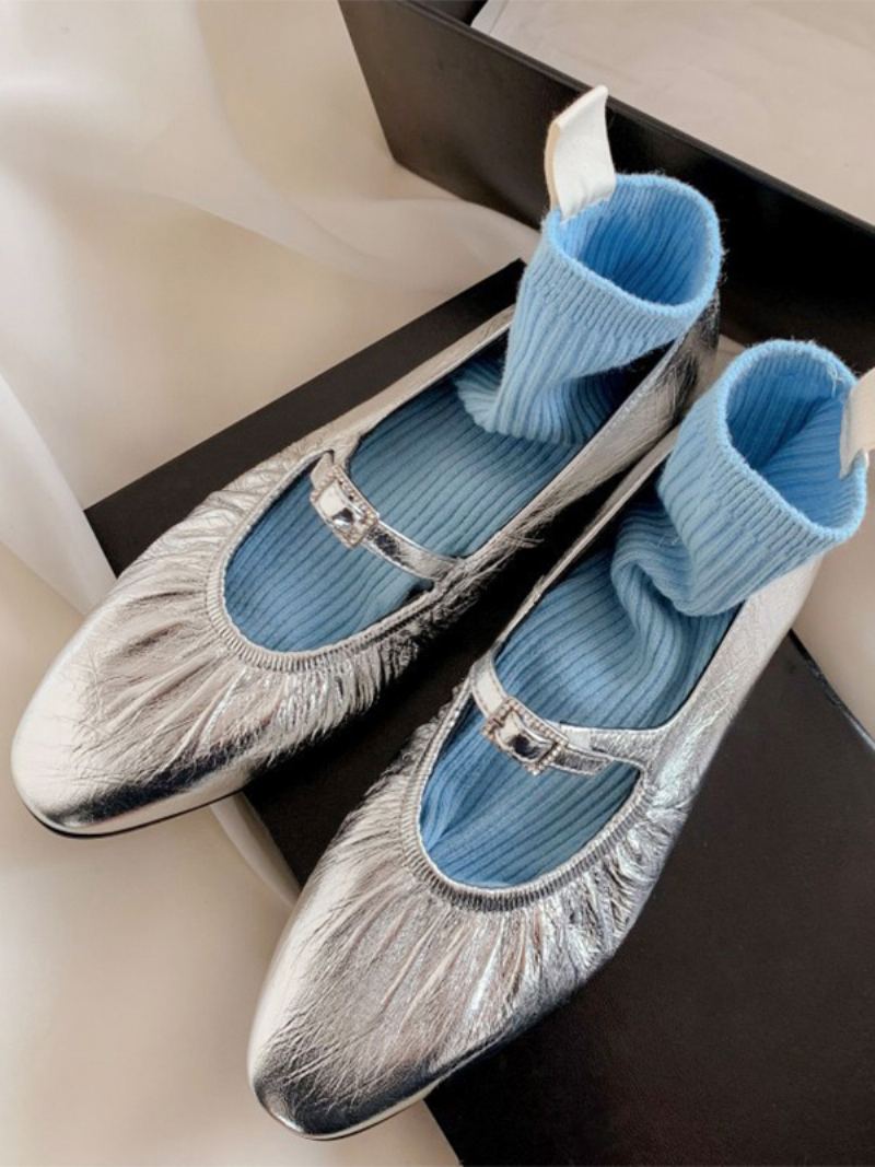 Sølv Ballerina Flats Dame Spenne Detalj Rund Toe Ballett Flat Sko - Sølv