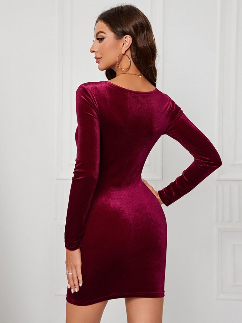 Kvinners Fløyelskjole Sweetheart Neck Langermet Sexy Mini Bodycon Kjoler - Burgund