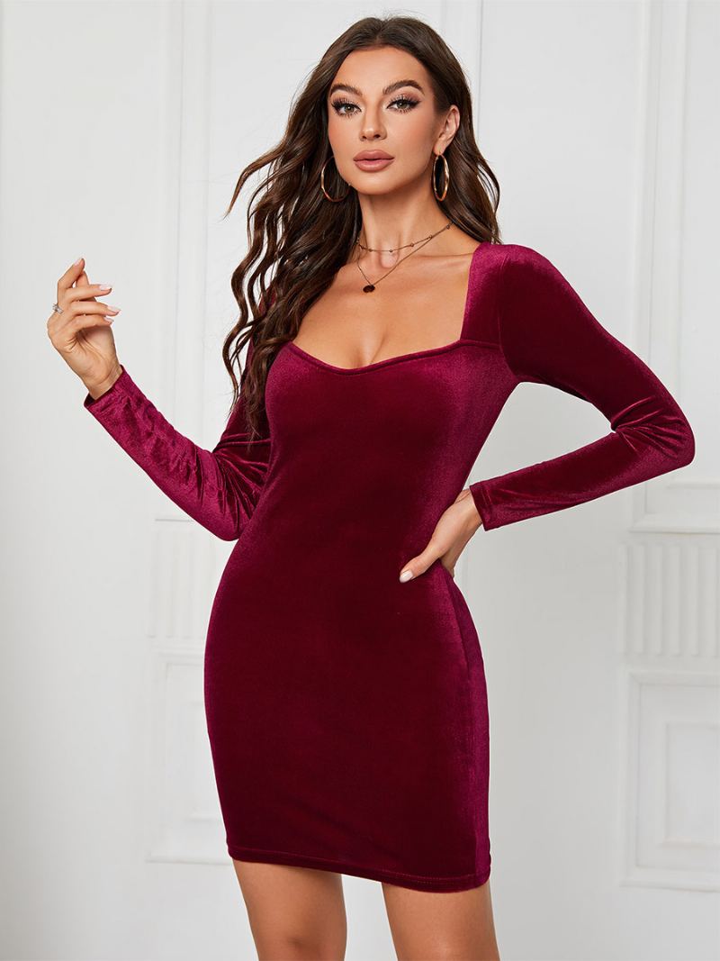 Kvinners Fløyelskjole Sweetheart Neck Langermet Sexy Mini Bodycon Kjoler - Burgund