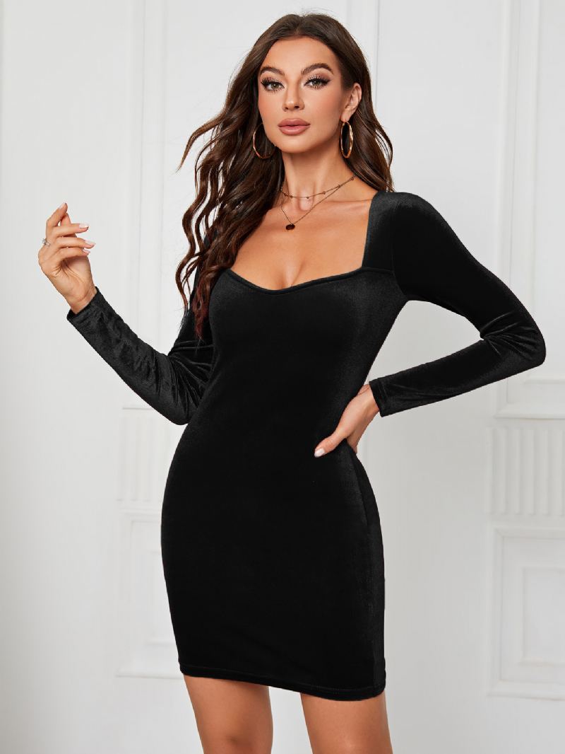 Kvinners Fløyelskjole Sweetheart Neck Langermet Sexy Mini Bodycon Kjoler - Sort