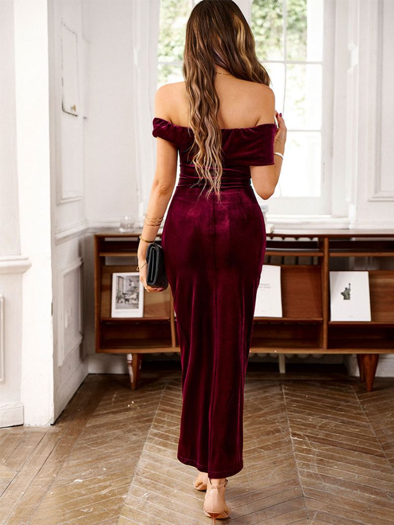 Kvinners Fløyelskjoler Bateau Neck Plisserte Kortermer Uregelmessig Prom Maxi Dress - Burgunder