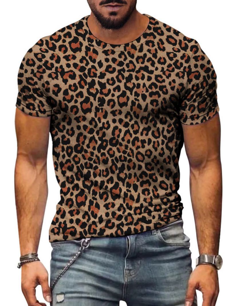 Herre T-skjorter Uformell Juvelhals Leopardprint Med Korte Ermer - Kaffe Brun