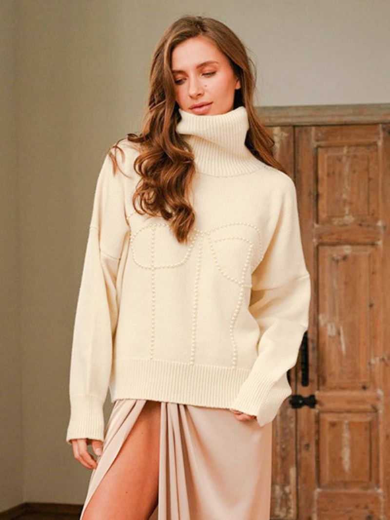 Dame Genser Polo Neck Drop Shoulder Ribbed Oversized Pullover - Hvit